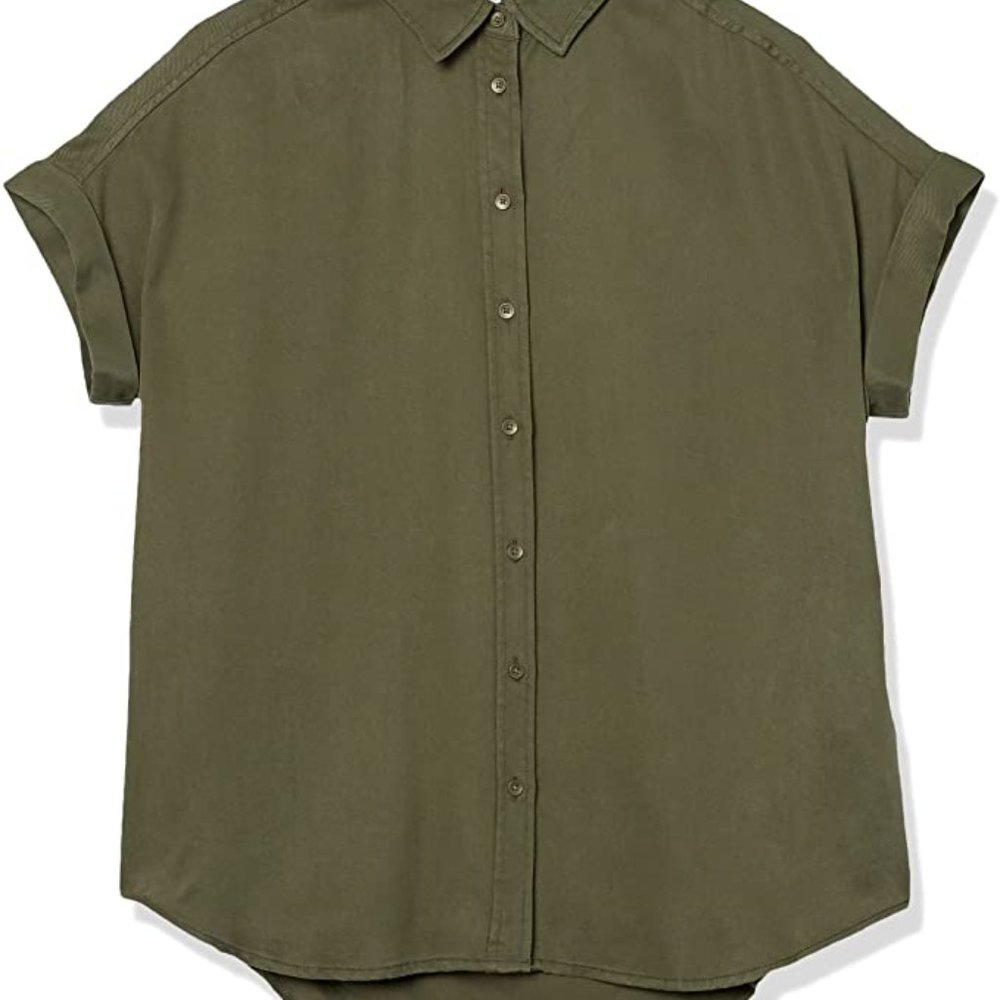 Daily Ritual Women's Oversized Fit Tencel Short Sleeve Shirt 1x Dark Olive Green